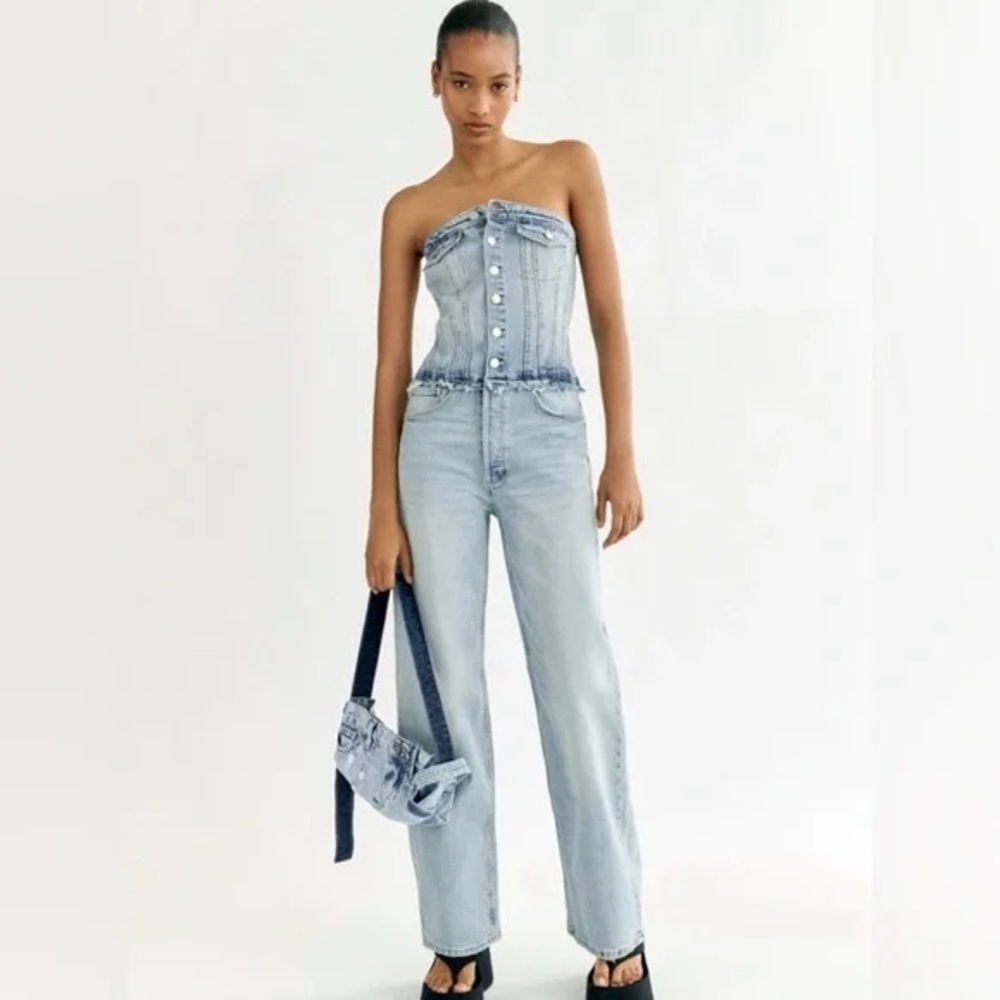 Zara Strapless Denim Jumpsuit